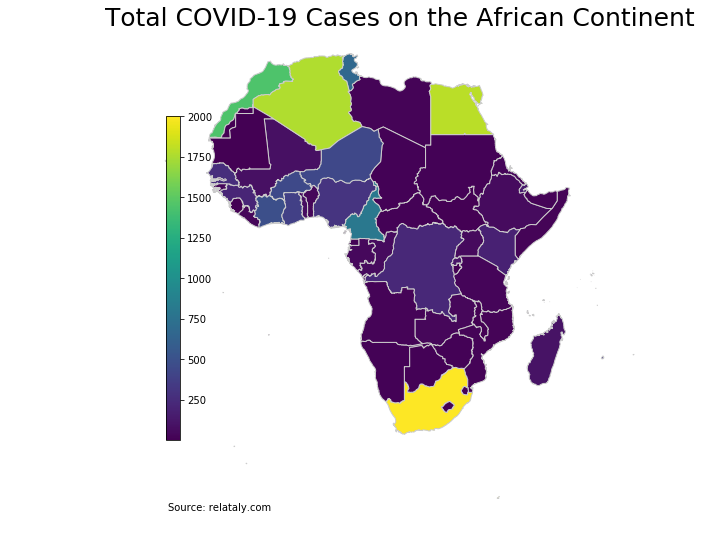 Geographic heat map of Africa showing COVID-19 total cases in different countries, created with geopandasin python