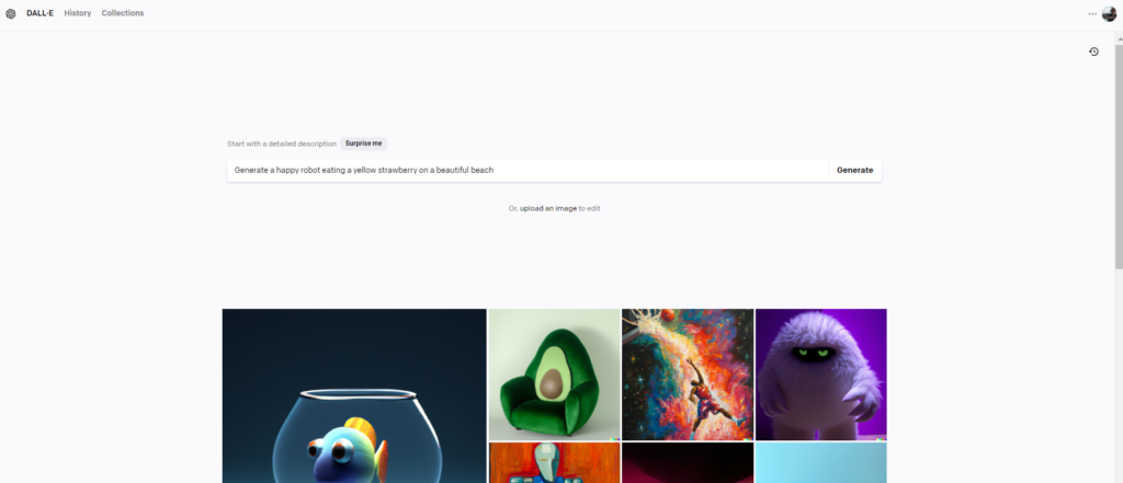UI of the OpenAI DALL-E2 service for AI-generated images. The AI services generate images based on a manual prompt defined by the user.