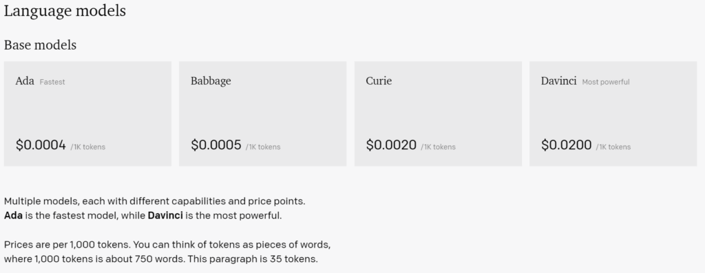Prices of different language models offered by OpenAI, including davinci, ada baggage and curie. 