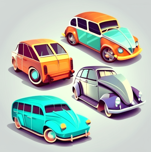 Car price prediction machine learning python tutorial. Image of different cars cartoon style. Midjourney. relataly.com