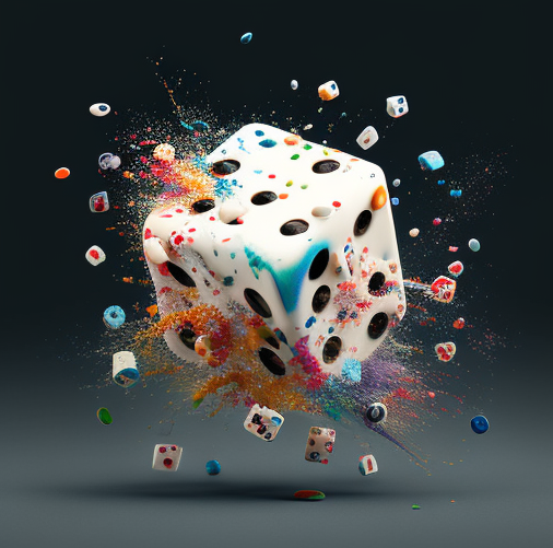 Random search can be an efficient way to tune the hyperparameters of a machine learning model. Image generated with Midjourney. Image of exploding dices with different colors.