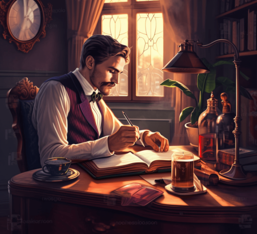 Flo7up a fancy dressed writer on his desk writing a book ultrar