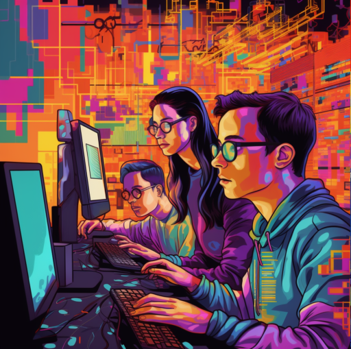Colorful popart of programmers working on generative AI