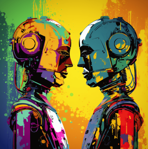Flo7up a conversation between to robots colorful popart Copy