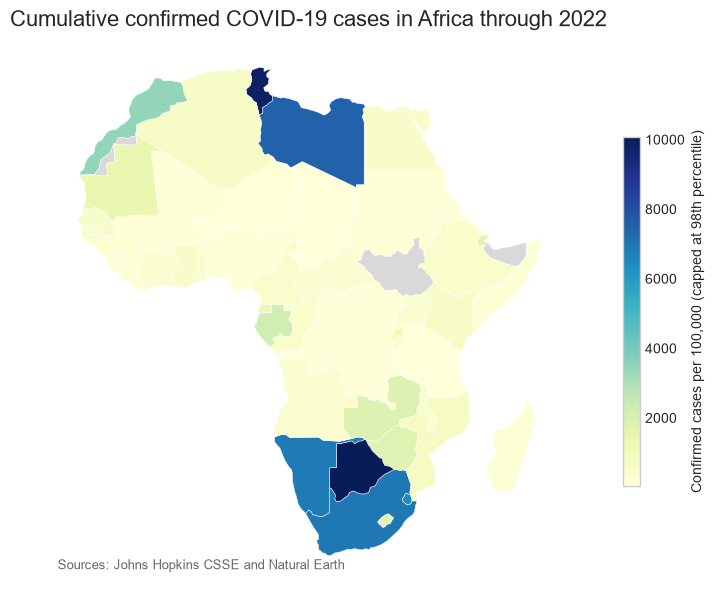 Africa choropleth of cumulative confirmed COVID-19 cases through 2022