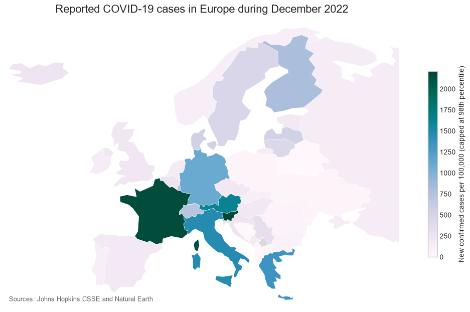 Europe choropleth of reported COVID-19 cases during December 2022