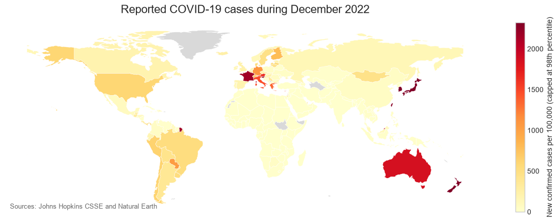 World choropleth of reported COVID-19 cases during December 2022